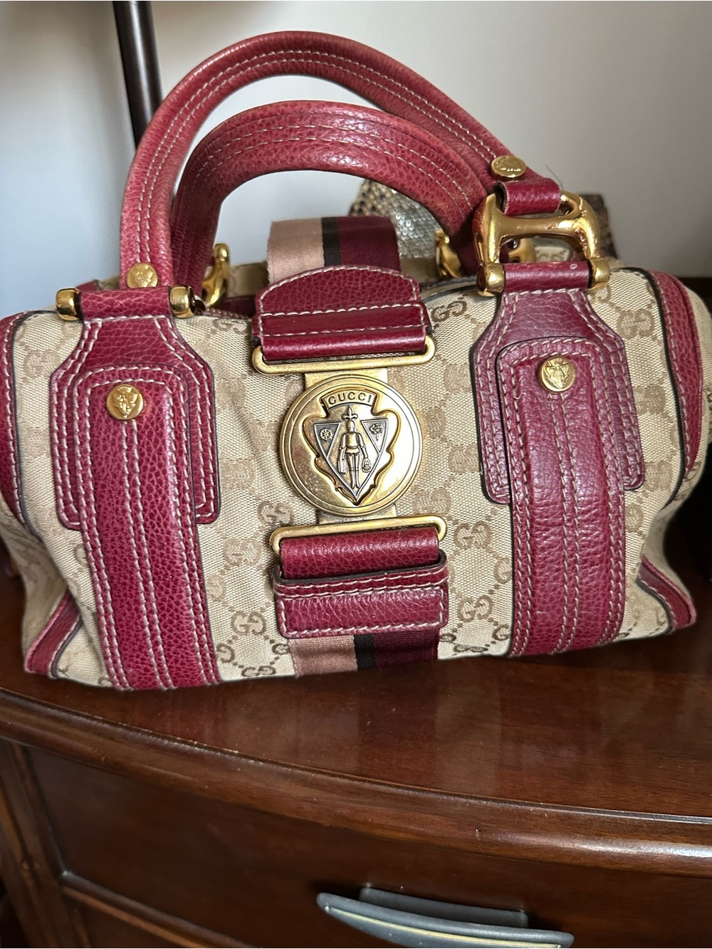 Gucci Beige GG Canvas Satchel with Burgundy Leather Trim